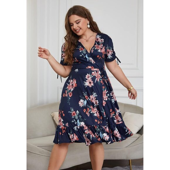 Plus Size Midi Dress Boho Floral V Neck Pockets Wedding Guest Casual - Picture 7 of 7
